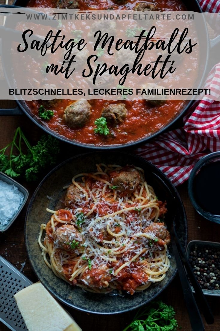 Spaghetti and Meatballs - Blitzrezept für Fleischbällchen in Tomatensauce - ganz einfaches und schnelles Rezept für dieses Kinder-Lieblingsessen. Saftige Hackfleischbällchen in würziger Tomatensauce mit der Lieblingspasta gemischt. Tolles, schnelles und ganz einfaches Nudelgericht für die ganze Familie!