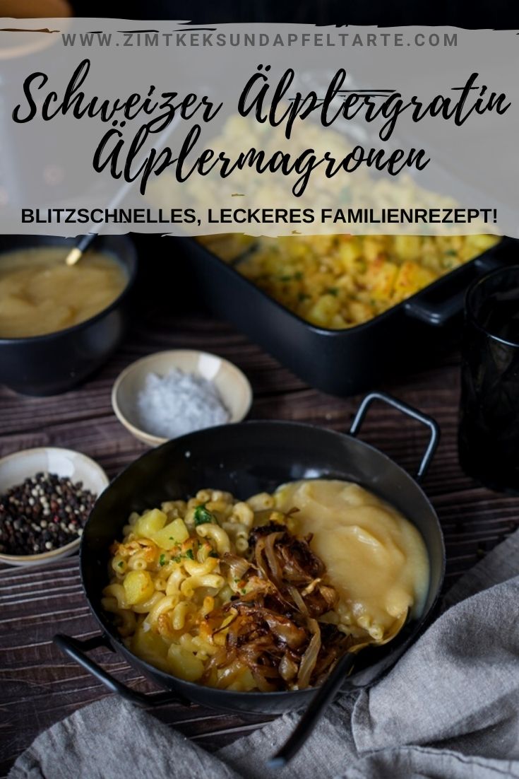 Älplermagronen - Schweizer Älplergratin - ganz einfaches und schnelles Rezept für diesen leckeren Auflauf mit Käse und Röstzwiebeln. Serviert mit Apfelmus ein absoluter Genuss und das perfekte Familienessen. Kinder lieben es!