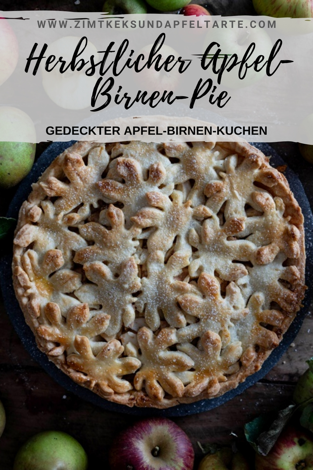 Herbstlicher gedeckter Birnen-Apfel-Kuchen - Spiced Pear Apple Pie - ganz einfaches und gelingsicheres Rezept für diesen gedeckten Apfelkuchen. Super easy, nur ein Teig für Boden und Decke. Würzige Füllung mit Äpfeln, Birnen und Gewürzen. 